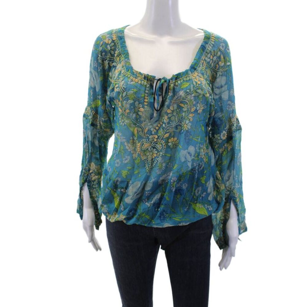 Calypso Christiane Celle Women Blue Floral Tunic Long Sleeve Drawstring Size 0